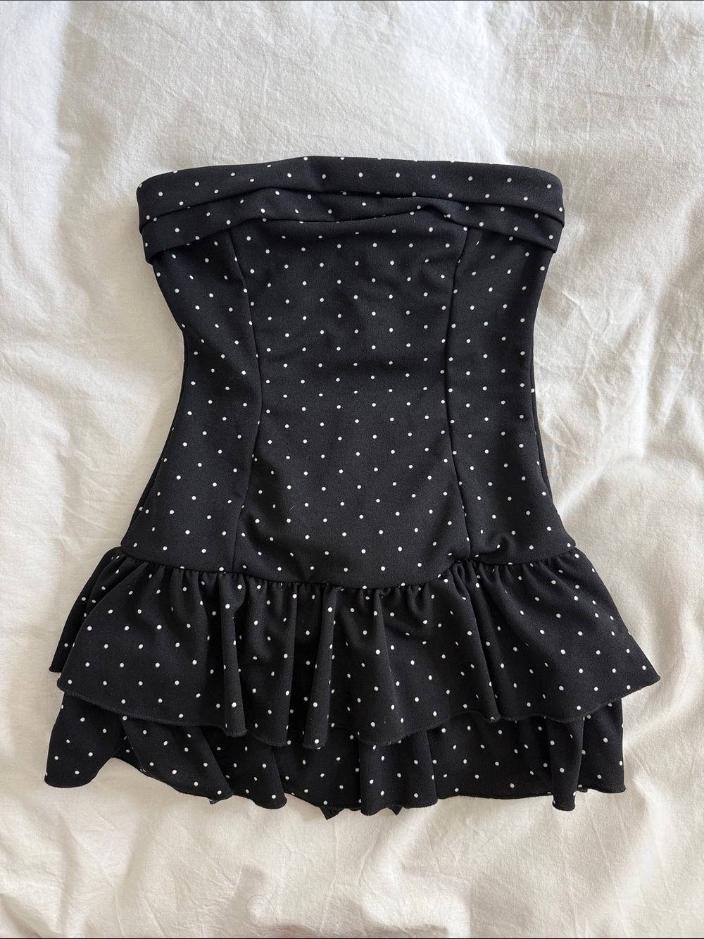 Windsor Black Strapless Polka Dot Ruffle Mini Dress with shorts